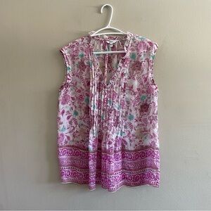 Sonoma White & Pink Sheer Floral Blouse w Ruffle Neckline - Size Medium EUC